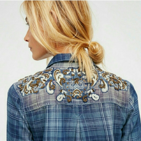 NWOT Free People embellished blue flannel top - Picture 2 of 8